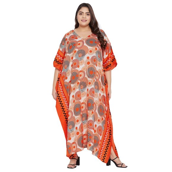Women Plus Size Fit and Flare Floral Printed Orange Kaftan Dress by Gypsie Blu - Picture 8 of 9